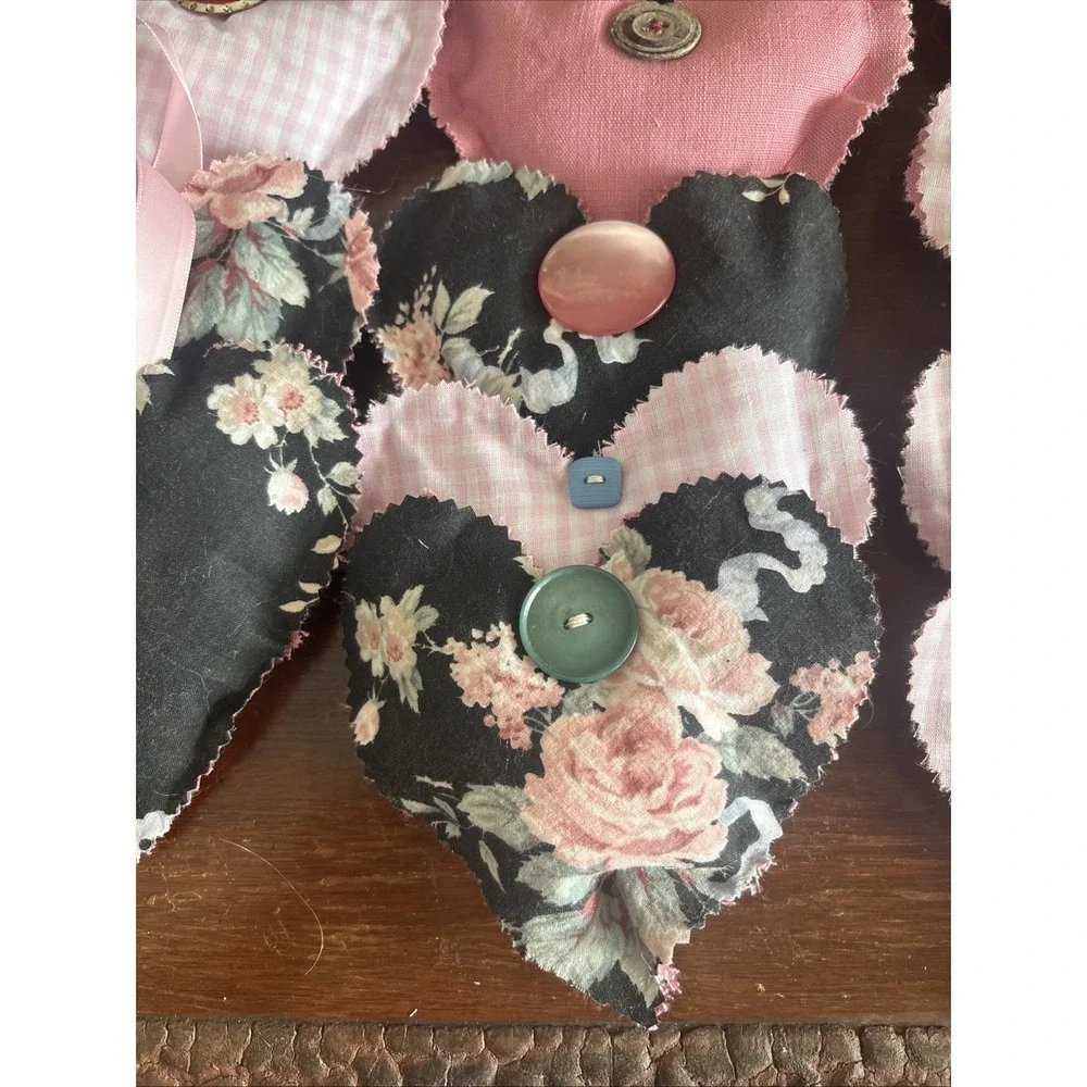 12 Handmade Hearts Bowl Filler Ornaments‎ Stuffed Pink Gingham Rose Floral